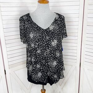 Apt. 9 Polka Dot Tiered Layers Split Flutter Sleeve Top Blouse Black White Small